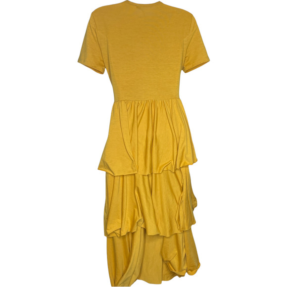 SHEIN Mustard Yellow Layered Ruffle Dress with Black "Love" Belt Size Small - Picture 3 of 8